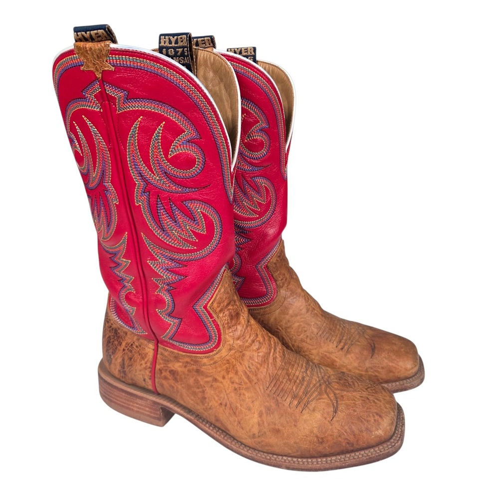 Hyer Western Boots Mens Size 12 D Brown Red Leather Square Toe Shrunken Shoulder
